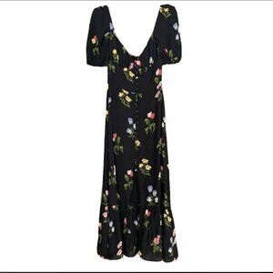 Reformation Size 2 Black Milkmaid Floral Puff Sleeve Black Dress Button